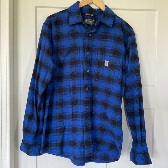 Carhartt TW5945-M Rugged Flex Flannel Button Up Black Blue Plaid Shirt - Picture 1 of 6